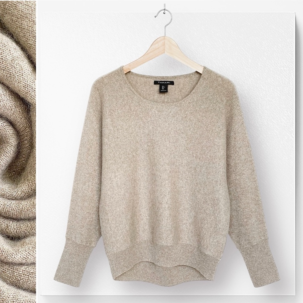 TAHARI Cashmere Sweater Sparkle Long Dolman Sleeve Crew Neck Stretch Pullover - Picture 10 of 14